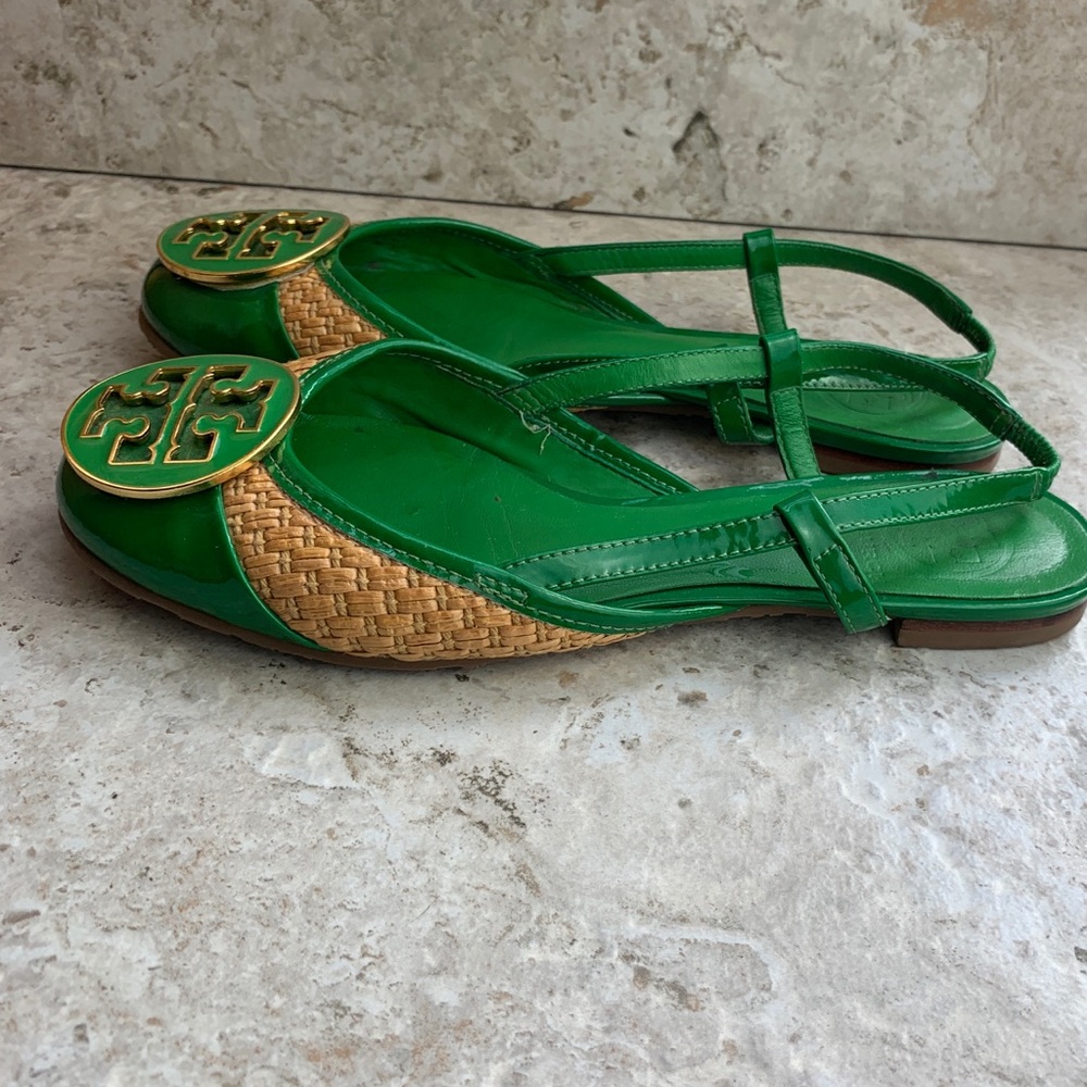 Tory Burch Green And Straw Slingback Flats